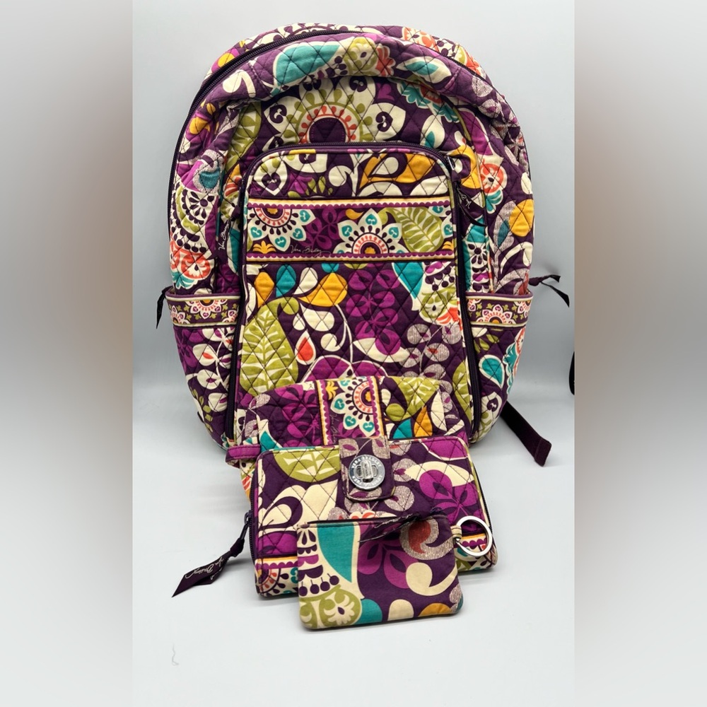 Vera Bradley Plum Crazy Laptop & cosmetic bag key ring wallet lot of 4